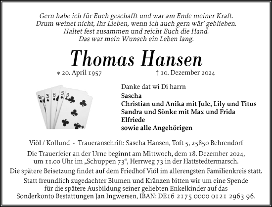 Traueranzeige von Thomas Hansen von Husumer Nachrichten, Nordfriesland Tageblatt