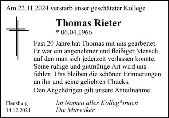 Traueranzeige von Thomas Rieter von Flensburger Tageblatt