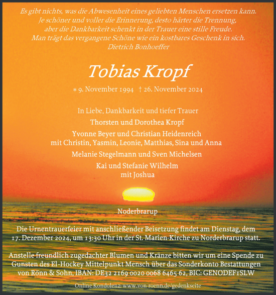 Traueranzeige von Tobias Kropf von Flensburger Tageblatt, Schleswiger Nachrichten, Schlei-Bote