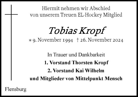 Traueranzeige von Tobias Kropf von Flensburger Tageblatt, Schleswiger Nachrichten, Schlei-Bote