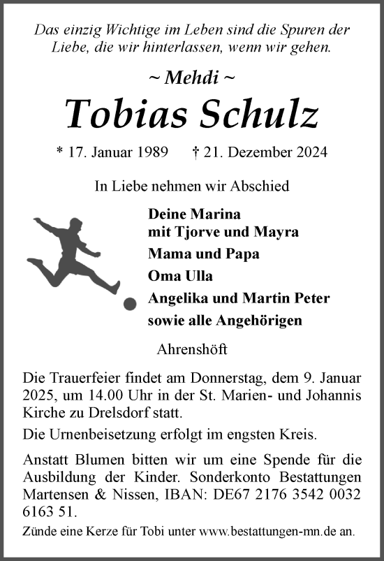 Traueranzeige von Tobias Schulz von Husumer Nachrichten, Nordfriesland Tageblatt
