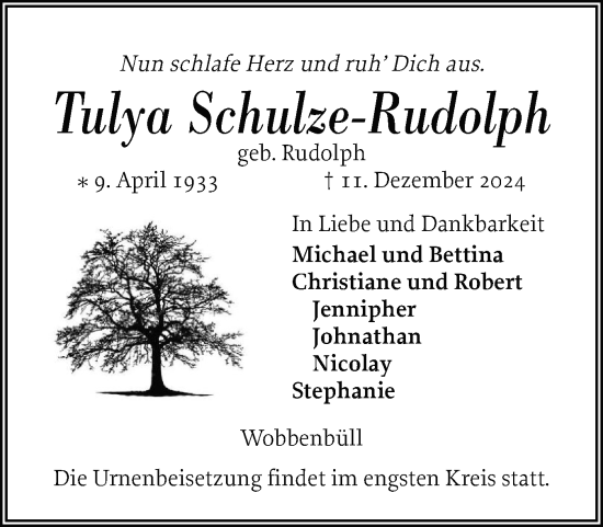 Traueranzeige von Tulya Schulze-Rudolph von Region Flensburg
