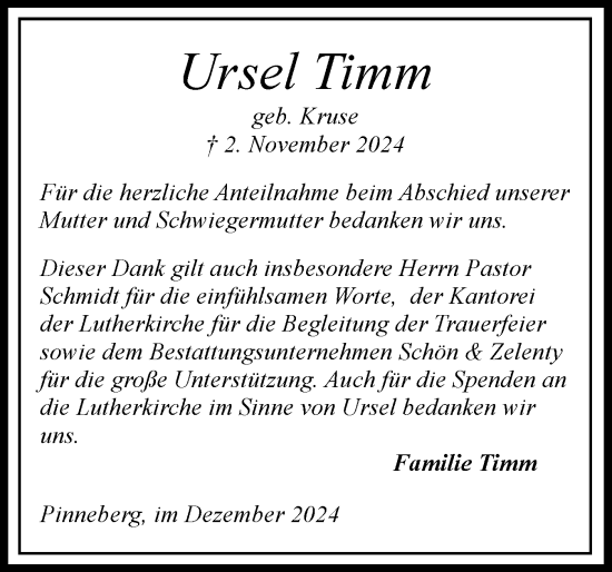 Traueranzeige von Ursel Timm von Region Pinneberg und tip Pinneberg