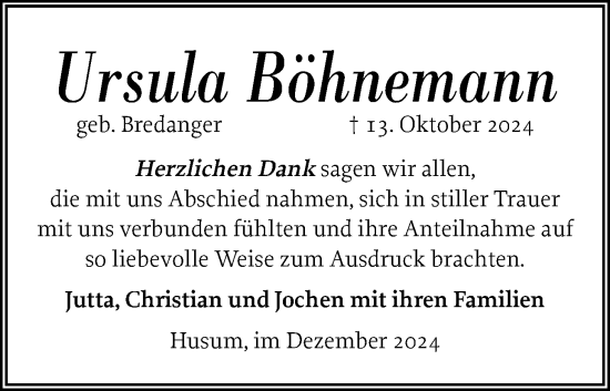 Traueranzeige von Ursula Böhnemann von Region Westküste