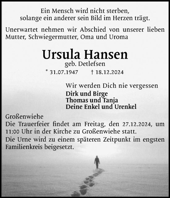 Traueranzeige von Ursula Hansen von Flensburger Tageblatt