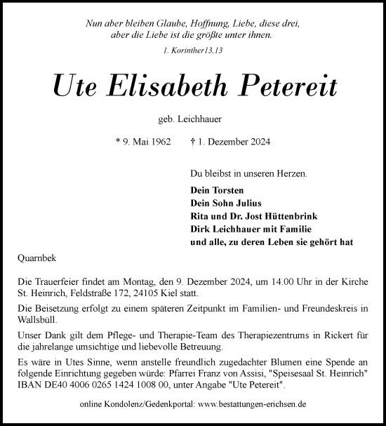 Traueranzeige von Ute Elisabeth Petereit von Flensburger Tageblatt
