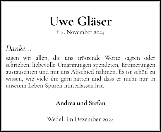 Traueranzeige von Uwe Gläser von Wedel-Schulauer Tageblatt, tip Wedel-Schulauer Tageblatt, tip Rissener Rundschau