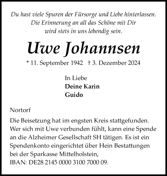 Traueranzeige von Uwe Johannsen von Schleswig-Holsteinische Landeszeitung