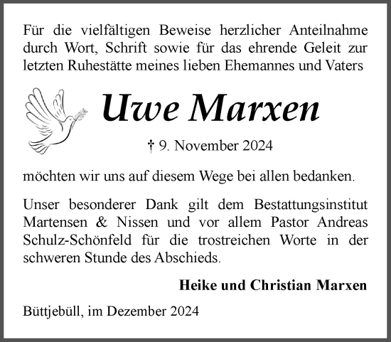 Traueranzeige von Uwe Marxen von Husumer Nachrichten, Nordfriesland Tageblatt