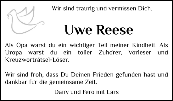 Traueranzeige von Uwe Reese von Digitale Anzeige