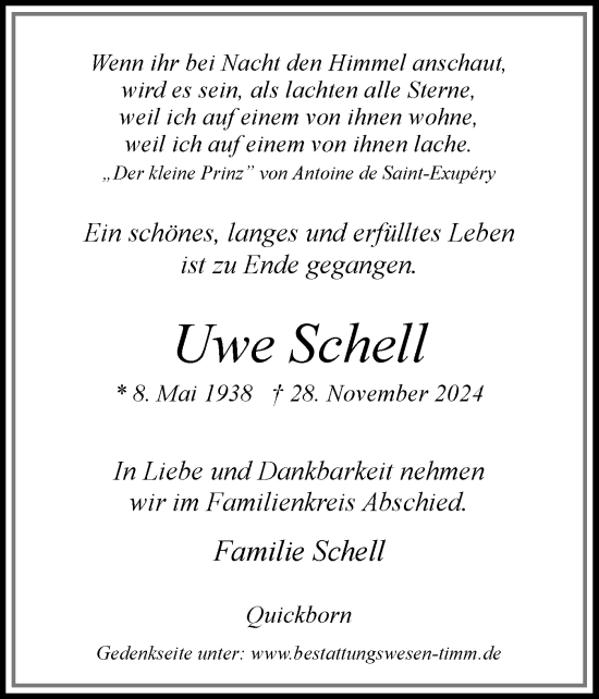 Traueranzeige von Uwe Schell von Region Pinneberg und tip Pinneberg