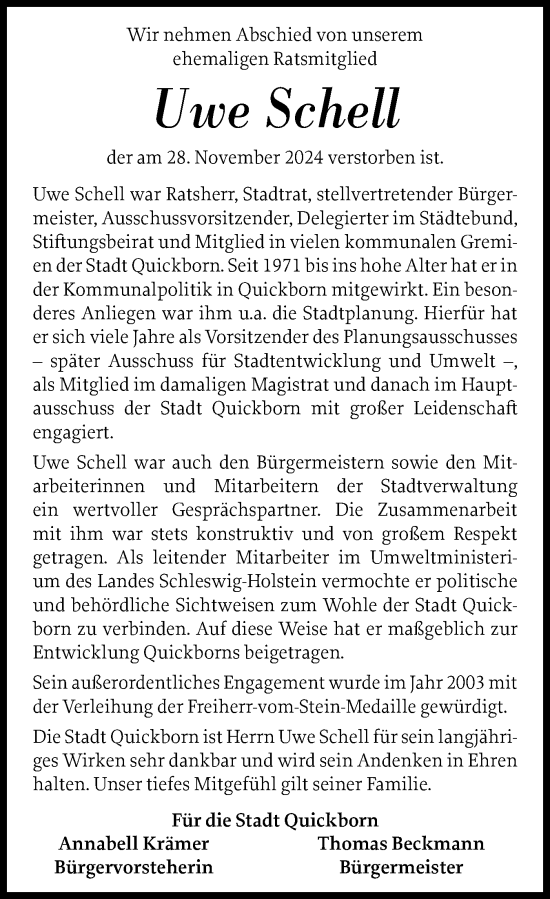 Traueranzeige von Uwe Schell von Region Pinneberg und tip Pinneberg