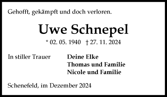 Traueranzeige von Uwe Schnepel von Norddeutsche Rundschau, Wilstersche Zeitung, Glückstädter Fortuna