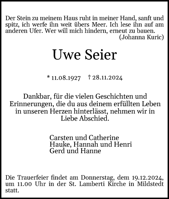 Traueranzeige von Uwe Seier von Husumer Nachrichten, Nordfriesland Tageblatt