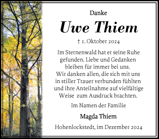 Traueranzeige von Uwe Thiem von Norddeutsche Rundschau, Wilstersche Zeitung, Glückstädter Fortuna