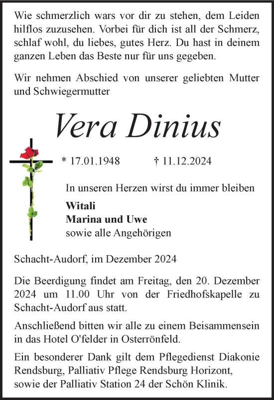 Traueranzeige von Vera Dinius von Schleswig-Holsteinische Landeszeitung