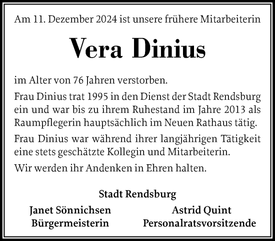 Traueranzeige von Vera Dinius von Schleswig-Holsteinische Landeszeitung