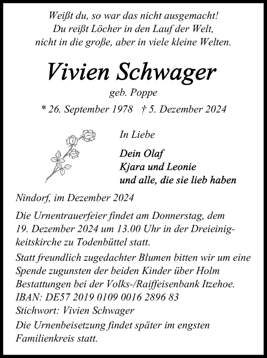 Traueranzeige von Vivien Schwager von Schleswig-Holsteinische Landeszeitung