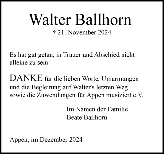 Traueranzeige von Walter Ballhorn von Region Pinneberg und tip Pinneberg