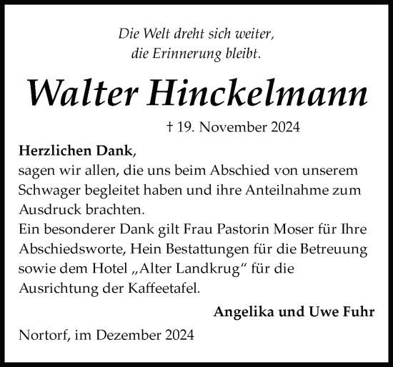 Traueranzeige von Walter Hinckelmann von Schleswig-Holsteinische Landeszeitung