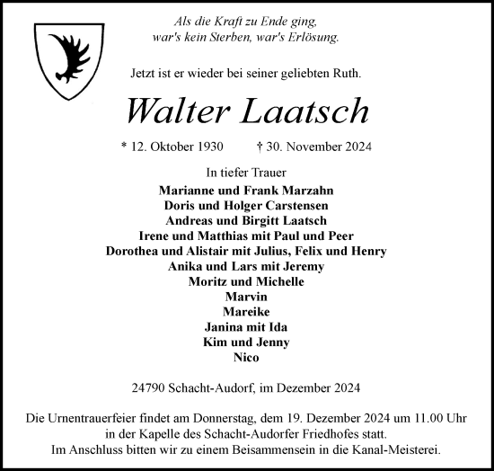 Traueranzeige von Walter Laatsch von Schleswig-Holsteinische Landeszeitung