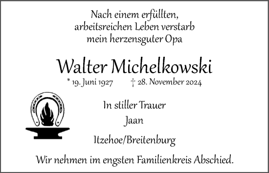 Traueranzeige von Walter Michelkowski von Norddeutsche Rundschau, Wilstersche Zeitung, Glückstädter Fortuna