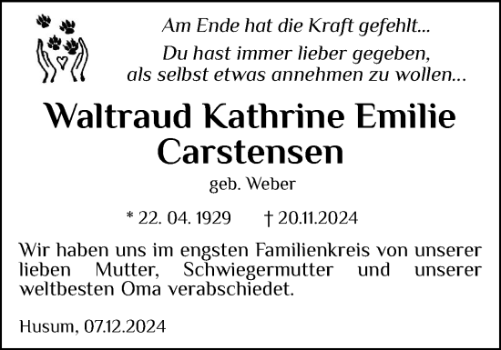Traueranzeige von Waltraud Kathrine Emilie Carstensen von Husumer Nachrichten, Nordfriesland Tageblatt