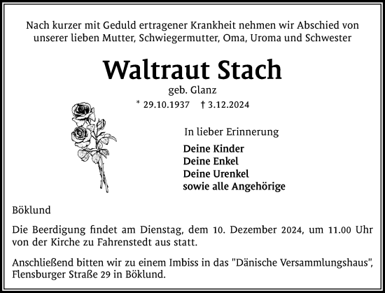Traueranzeige von Waltraut Stach von Schleswiger Nachrichten, Schlei-Bote