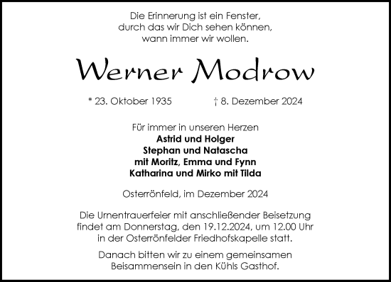Traueranzeige von Werner Modrow von Schleswig-Holsteinische Landeszeitung