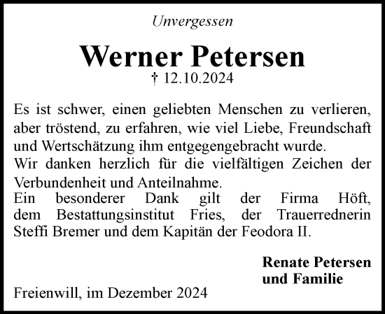 Traueranzeige von Werner Petersen von Flensburger Tageblatt