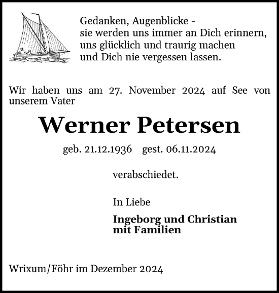 Traueranzeige von Werner Petersen von Der Insel-Bote
