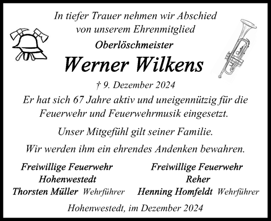 Traueranzeige von Werner Wilkens von Schleswig-Holsteinische Landeszeitung