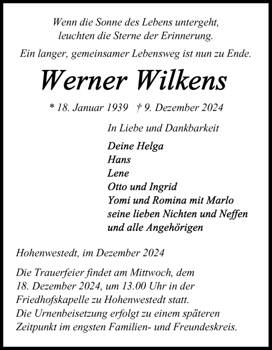 Traueranzeige von Werner Wilkens von Norddeutsche Rundschau, Wilstersche Zeitung, Glückstädter Fortuna