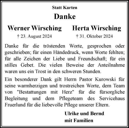 Traueranzeige von Werner Wirsching von Flensburger Tageblatt