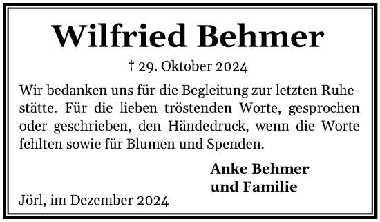 Traueranzeige von Wilfried Behmer von Flensburger Tageblatt, Schleswiger Nachrichten, Schlei-Bote