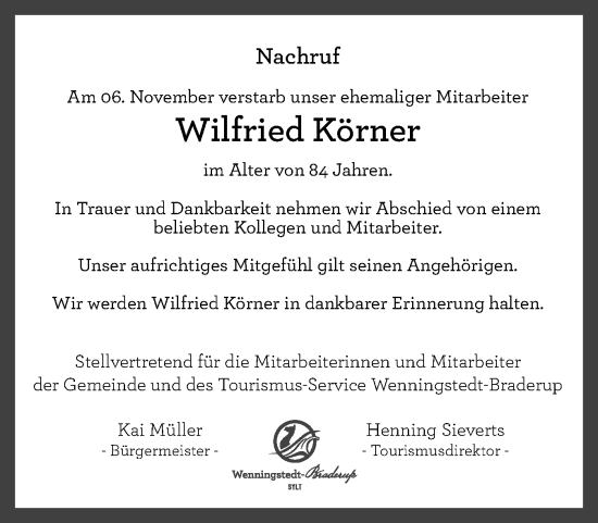 Traueranzeige von Wilfried Körner von Sylter Rundschau