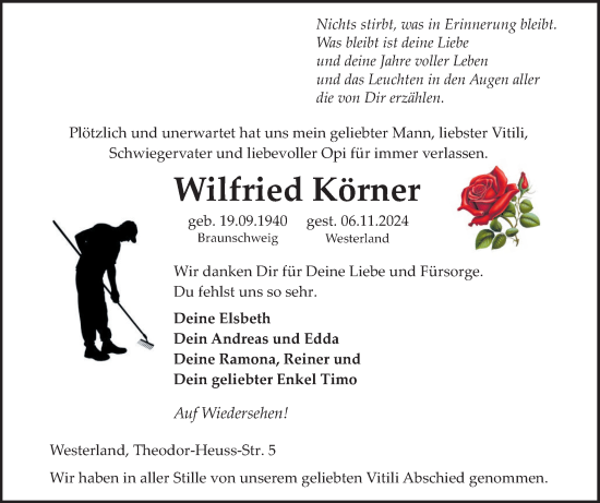 Traueranzeige von Wilfried Körner von Sylter Rundschau
