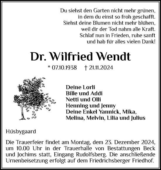 Traueranzeige von Wilfried Wendt von Schleswiger Nachrichten, Schlei-Bote