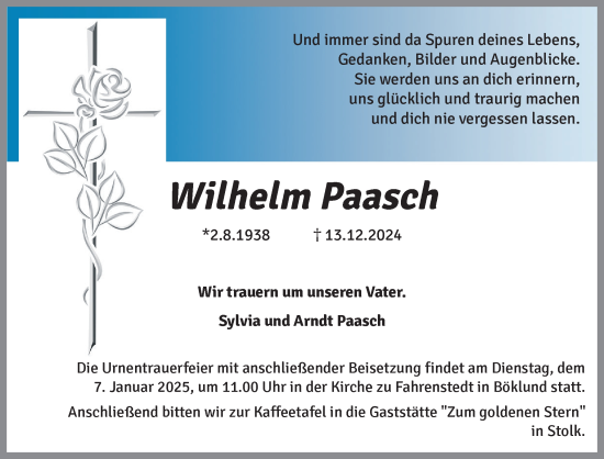 Traueranzeige von Wilhelm Paasch von Schleswiger Nachrichten, Schlei-Bote