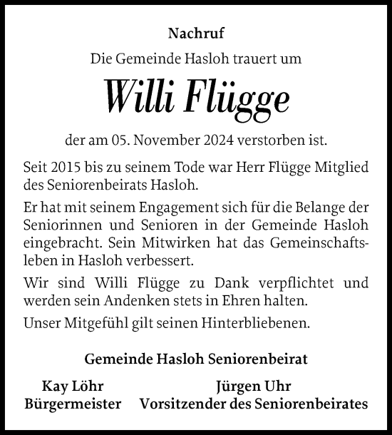 Traueranzeige von Willi Flügge von Region Pinneberg und tip Pinneberg