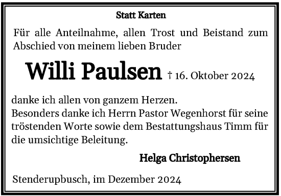 Traueranzeige von Willi Paulsen von Flensburger Tageblatt, Schleswiger Nachrichten, Schlei-Bote