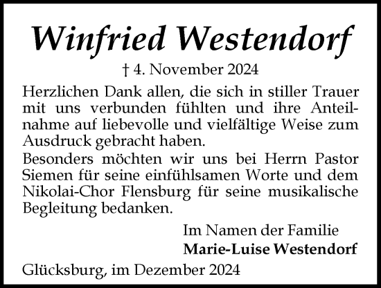 Traueranzeige von Winfried Westendorf von Flensburger Tageblatt