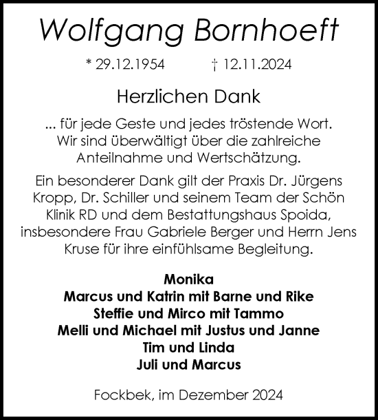 Traueranzeige von Wolfgang Bornhoeft von Schleswig-Holsteinische Landeszeitung