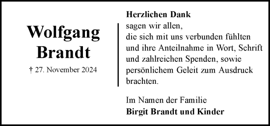 Traueranzeige von Wolfgang Brandt von Norddeutsche Rundschau, Wilstersche Zeitung, Glückstädter Fortuna