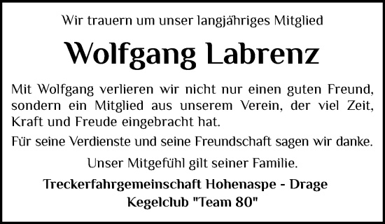 Traueranzeige von Wolfgang Labrenz von Norddeutsche Rundschau, Wilstersche Zeitung, Glückstädter Fortuna