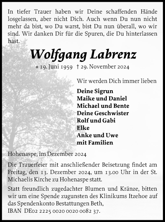 Traueranzeige von Wolfgang Labrenz von Norddeutsche Rundschau, Wilstersche Zeitung, Glückstädter Fortuna