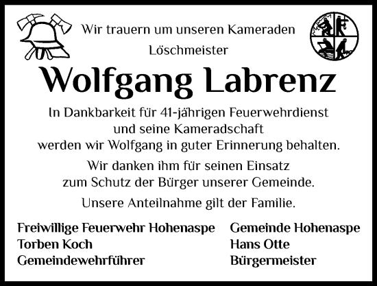 Traueranzeige von Wolfgang Labrenz von Norddeutsche Rundschau, Wilstersche Zeitung, Glückstädter Fortuna