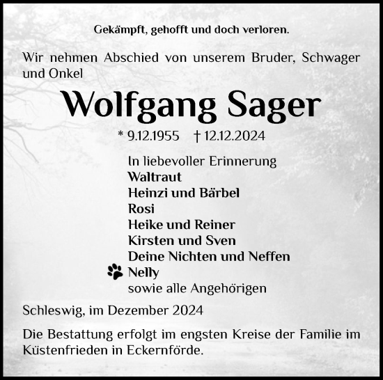 Traueranzeige von Wolfgang Sager von Schleswiger Nachrichten, Schlei-Bote
