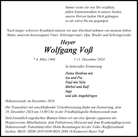 Traueranzeige von Wolfgang Voß von Schleswig-Holsteinische Landeszeitung