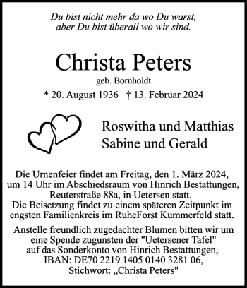 Traueranzeige von Christa Peters von Elmshorner Nachrichten